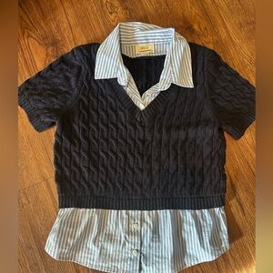 Maeve Twofer Navy Cable-Knit Layered Shirt Top with Light Blue Striped Collar. S